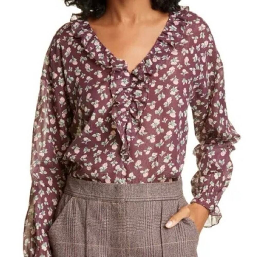 La Vie Rebecca‎ Taylor Floral Cherise Ruffle Blouse XS Burgundy Metallic Stripe